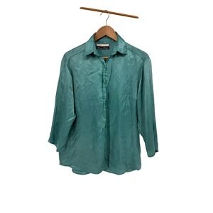 Dana‎ Scott Vintage Teal Acetate Crinkle Button Down Shirt Blouse Size 38